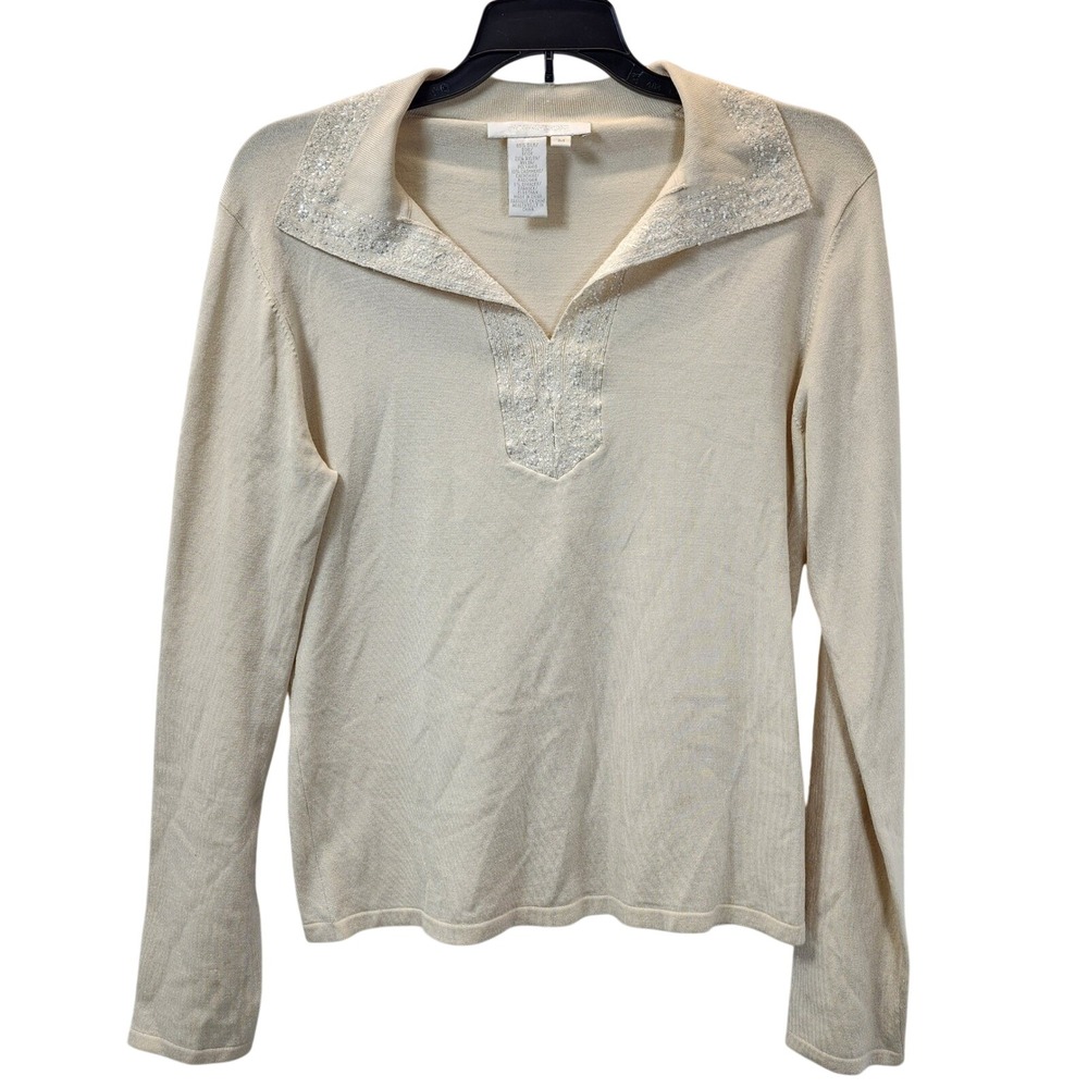 Y2K Magaschoni Silk Cashmere Blend Beaded Sweater Top Lightweight Neutral Medium